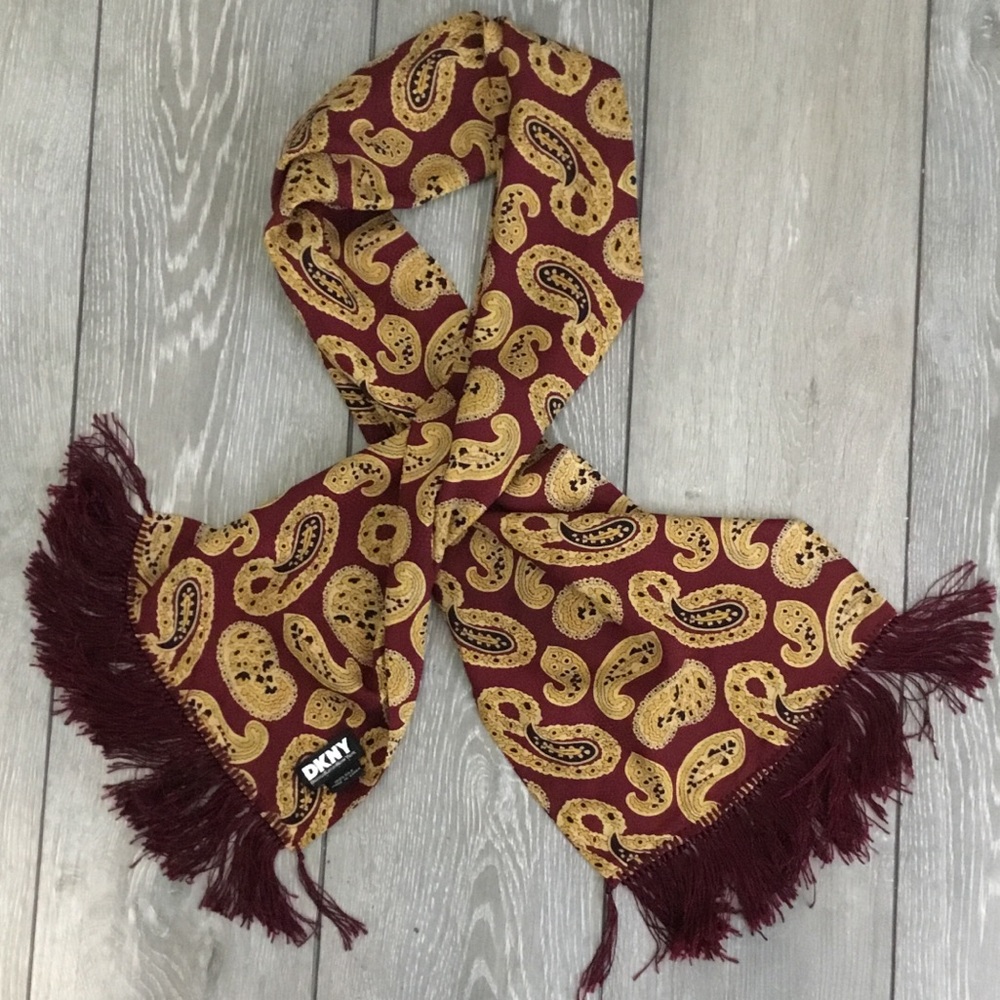 DKNY Donna Karan New York 100% Silk Scarf Burgundy Goldenrod Paisley Print